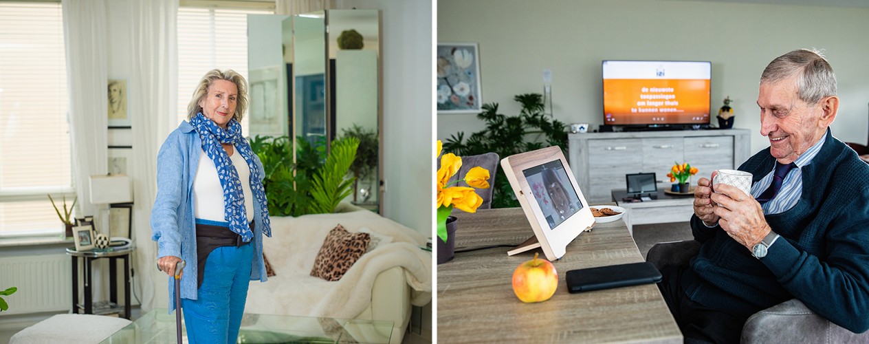 Foto van 2 ambassadeurs in de Ervaarwoning: 1 vrouw met een heupairbag en 1 man met een seniorentablet.